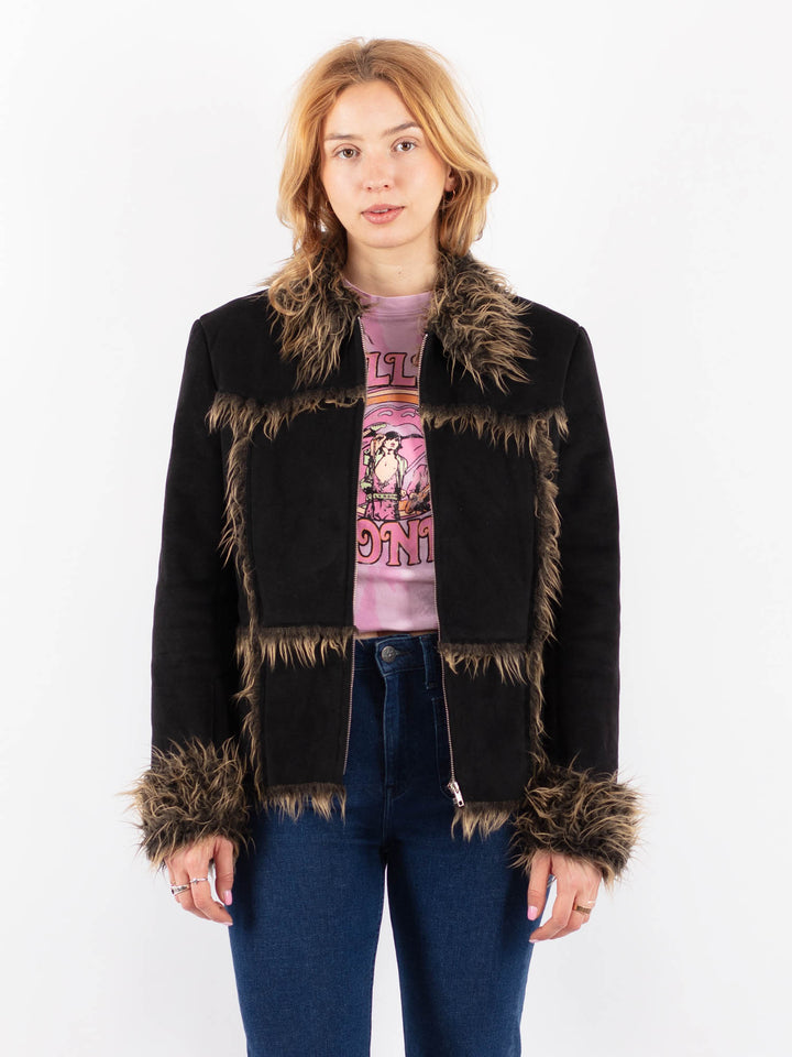 Vintage 90's Women Faux Sheepskin Jacket in BlackV9608
