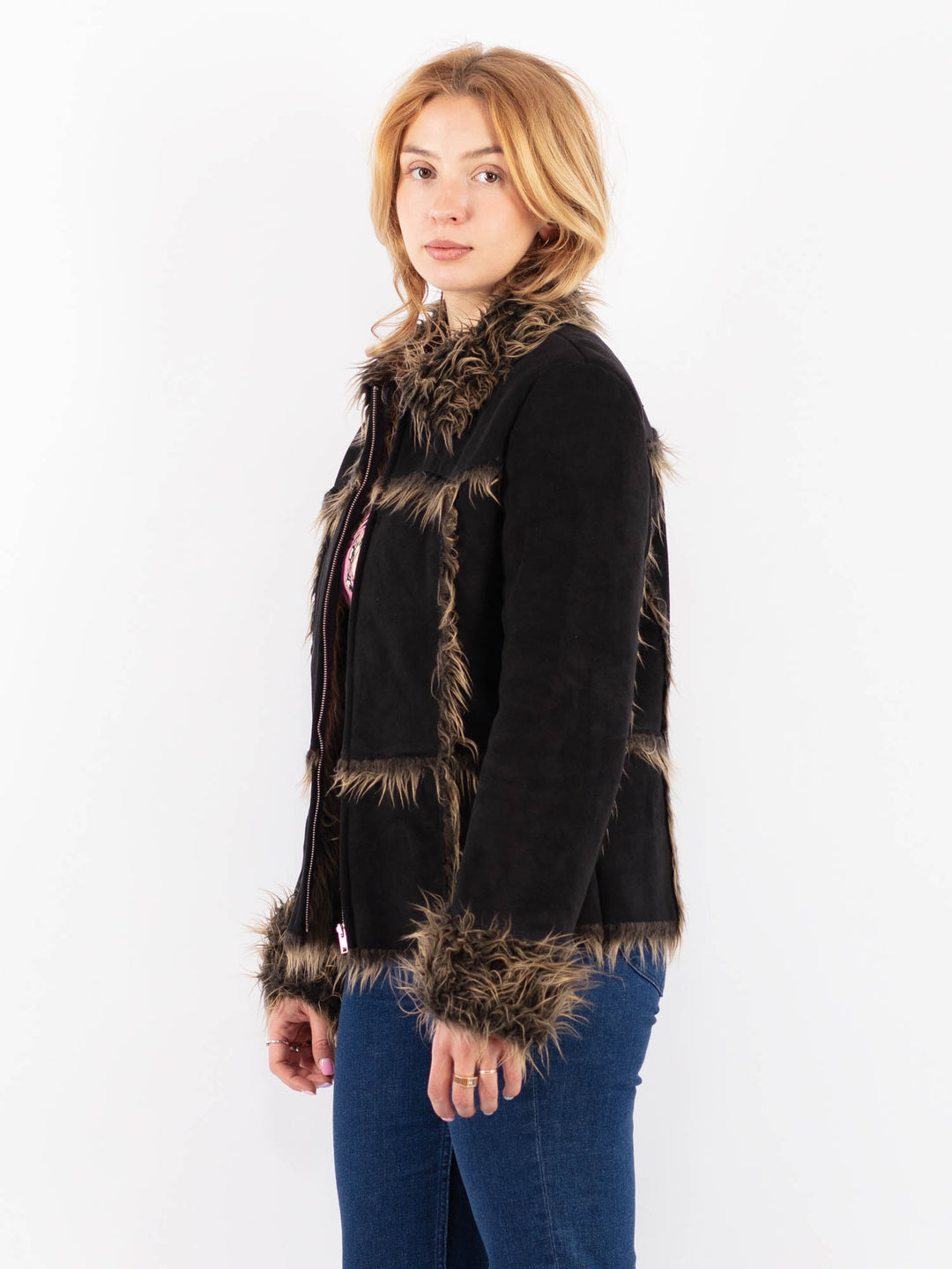 Vintage 90's Women Faux Sheepskin Jacket in BlackV9608