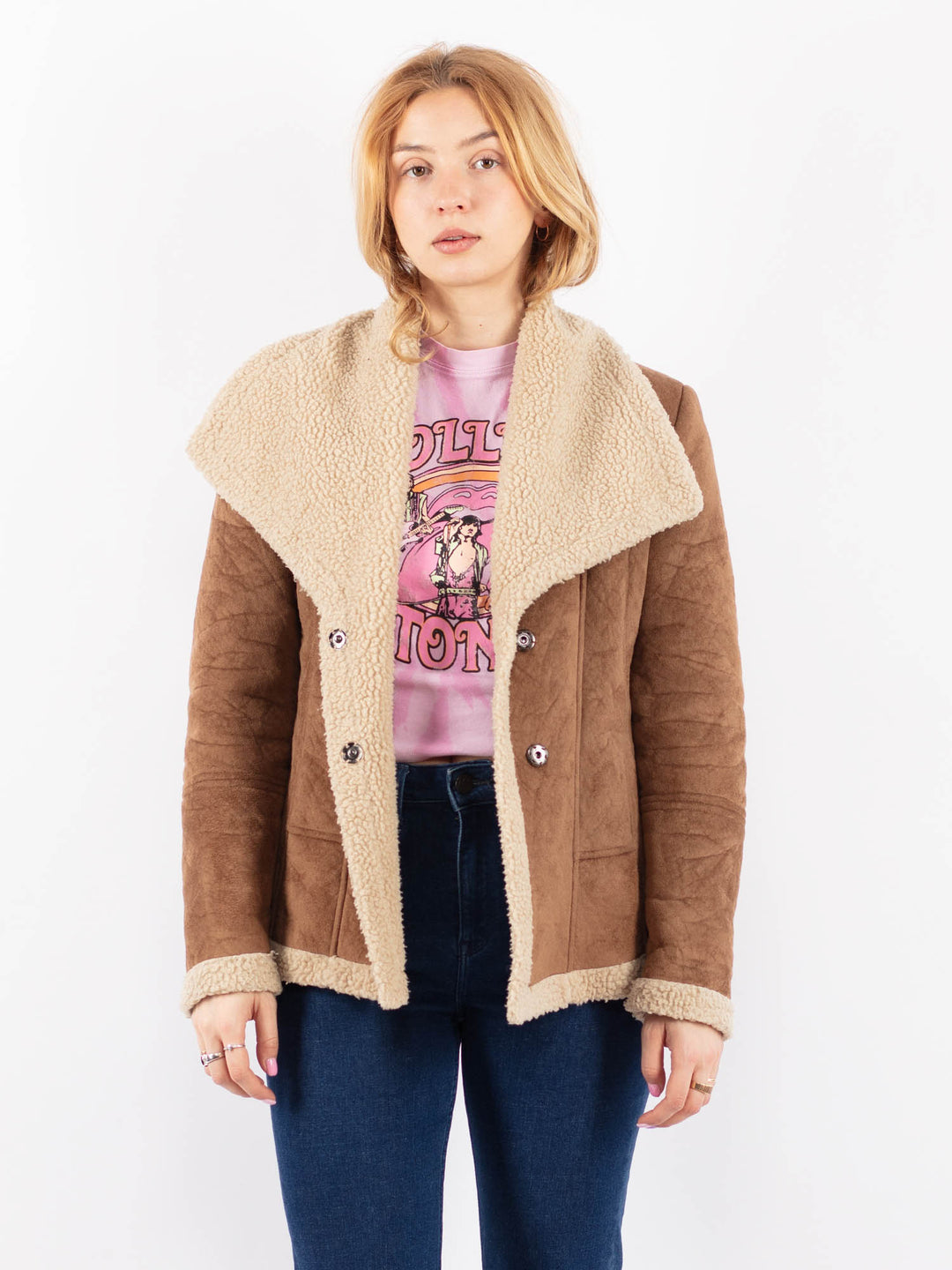 Vintage 00's Women Faux Sheepskin Jacket in BeigeV9610