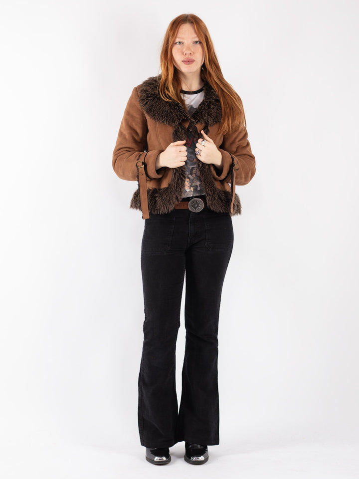 Vintage 90's Women Faux Sheepskin Jacket in Brown