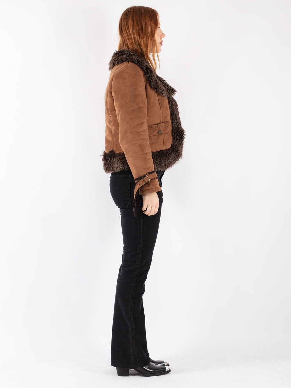 Vintage 90's Women Faux Sheepskin Jacket in Brown