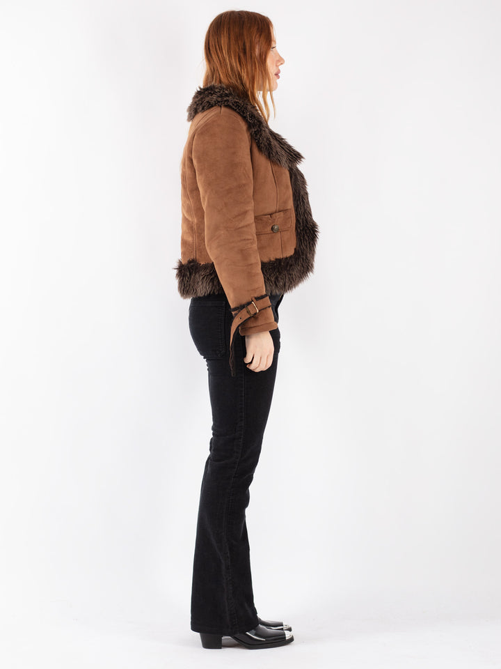 Vintage 90's Women Faux Sheepskin Jacket in Brown