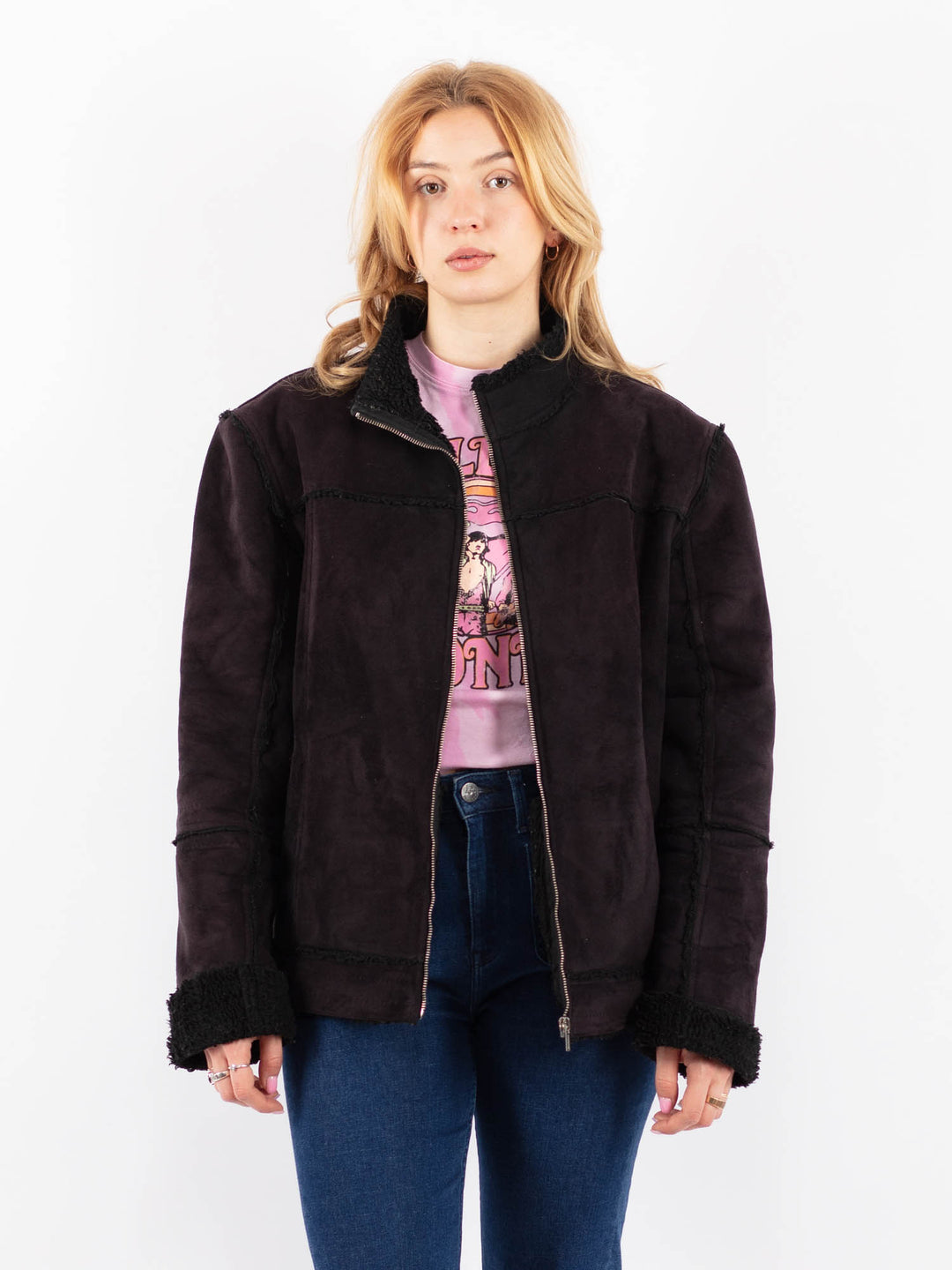 Vintage 90's Women Faux Sheepskin Jacket in BlackV9612