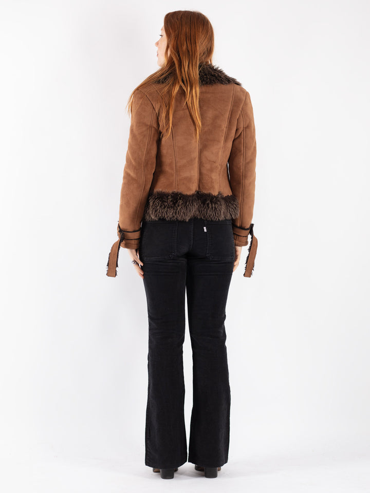 Vintage 90's Women Faux Sheepskin Jacket in Brown
