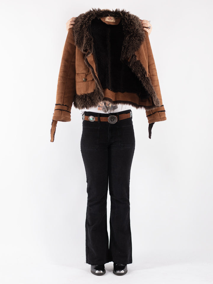 Vintage 90's Women Faux Sheepskin Jacket in Brown