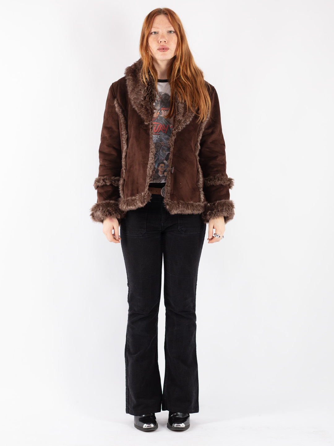 Vintage 90's Women Faux Sheepskin Jacket in Brown
