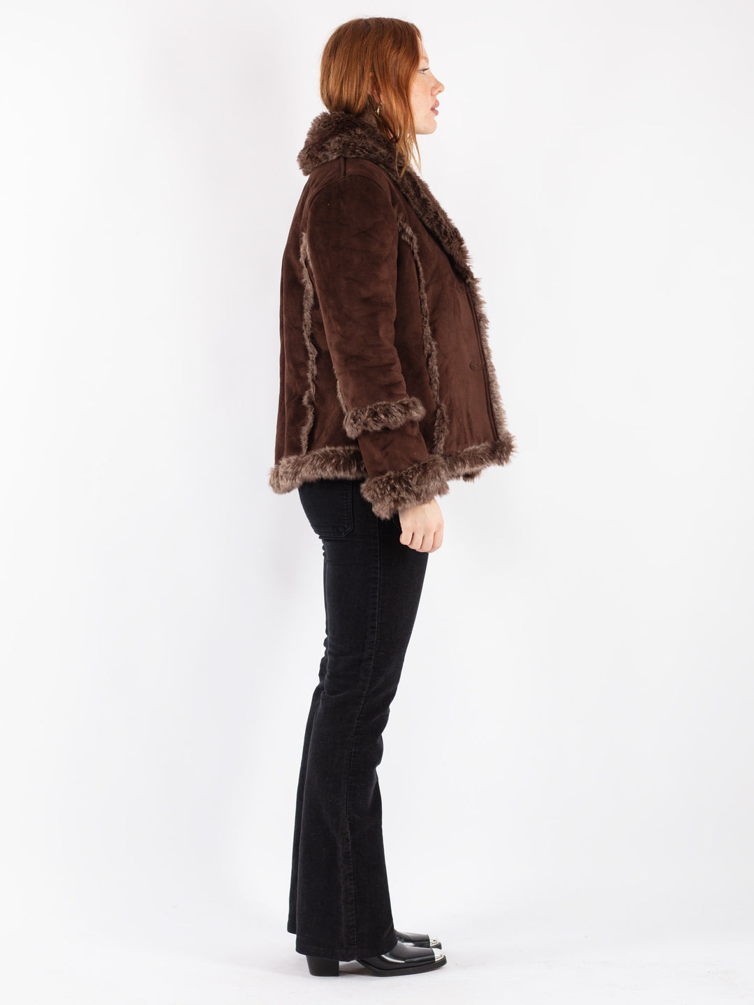 Vintage 90's Women Faux Sheepskin Jacket in Brown