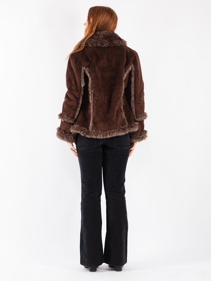 Vintage 90's Women Faux Sheepskin Jacket in Brown