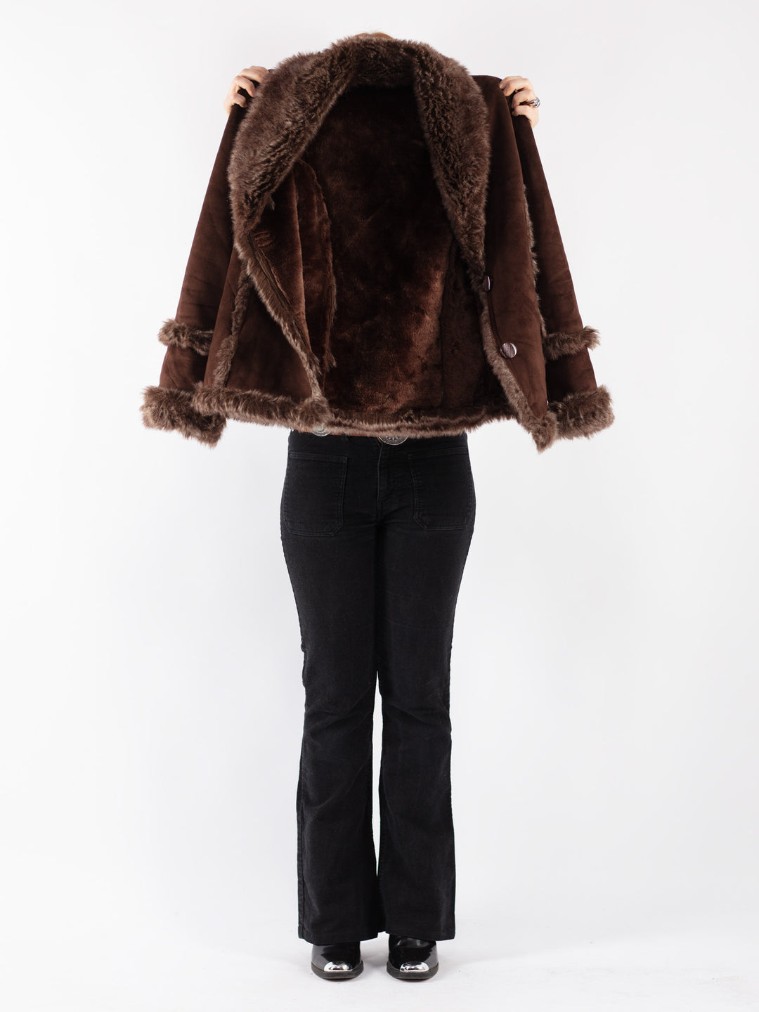 Vintage 90's Women Faux Sheepskin Jacket in Brown