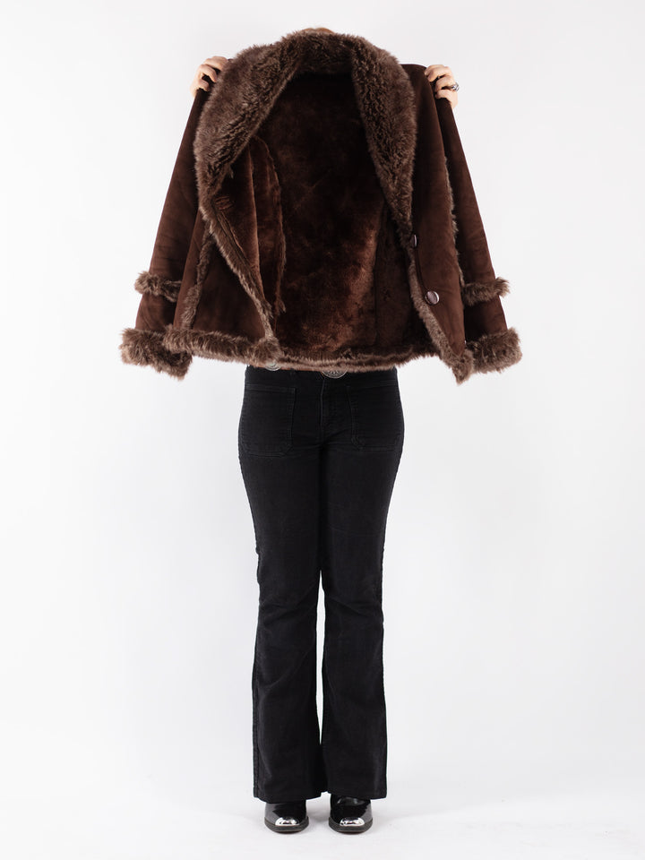 Vintage 90's Women Faux Sheepskin Jacket in Brown