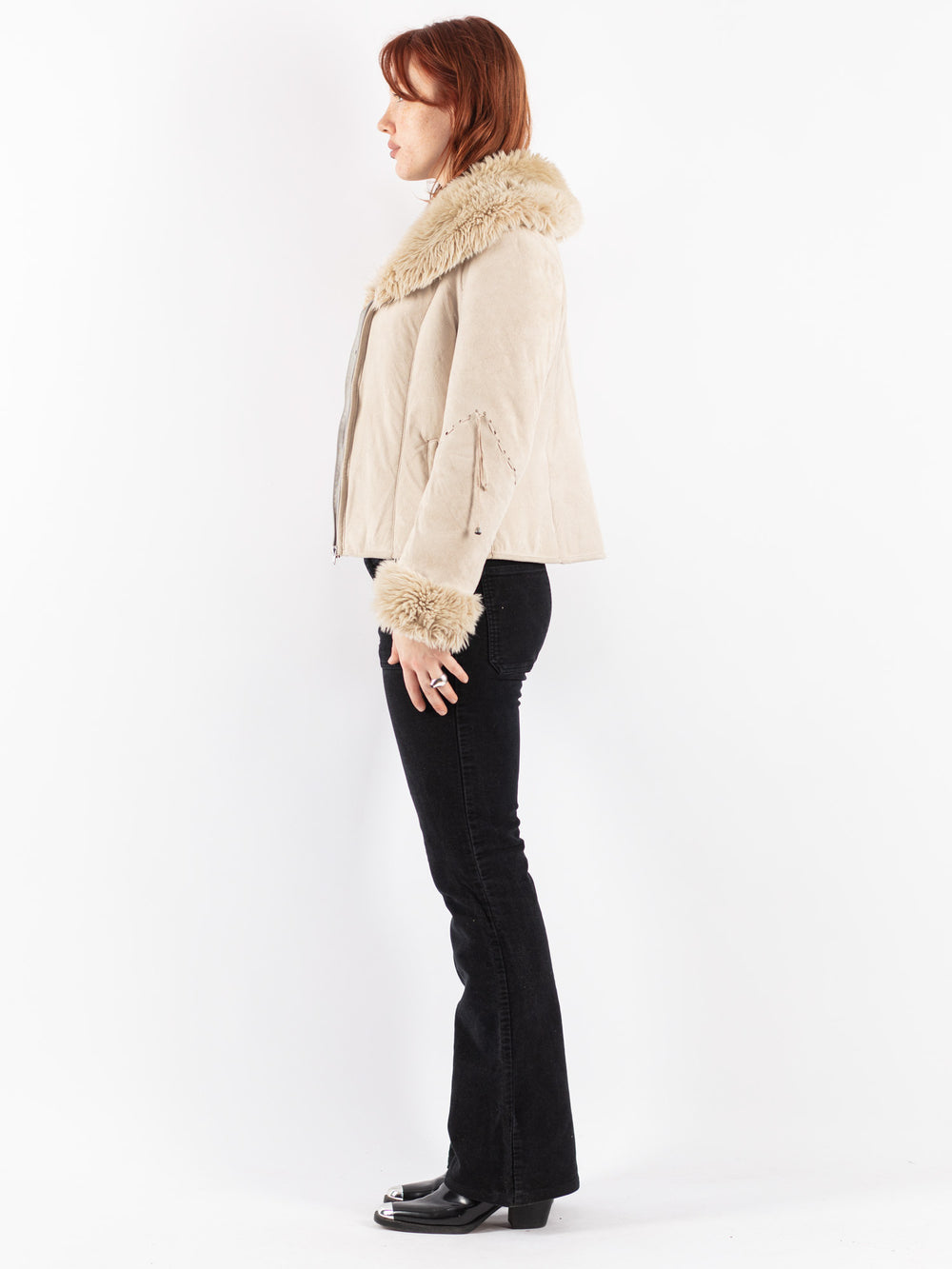 Vintage 90's Women Faux Sheepskin Jacket in Beige