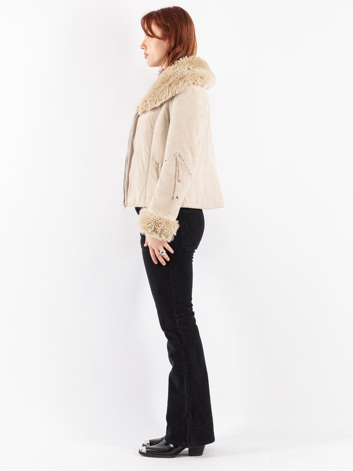 Vintage 90's Women Faux Sheepskin Jacket in Beige