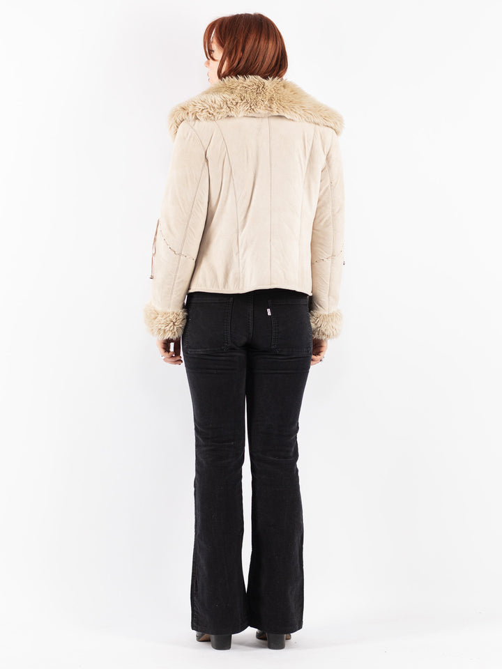 Vintage 90's Women Faux Sheepskin Jacket in Beige