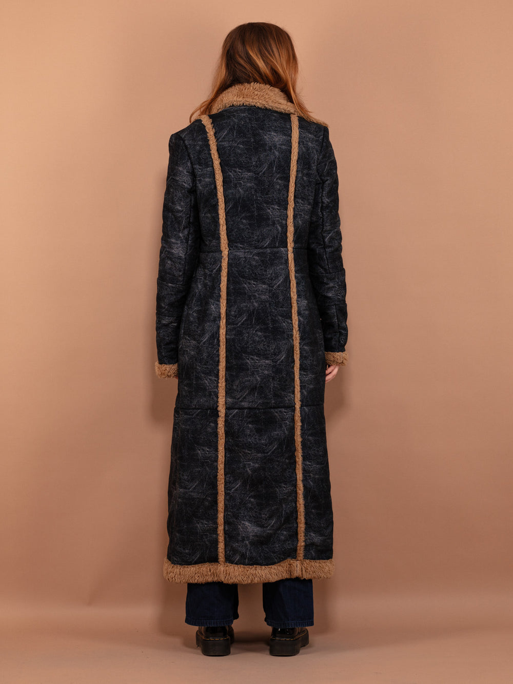 Vintage 90's Women Faux Sheepskin Maxi Coat in Blue - NorthernGrip