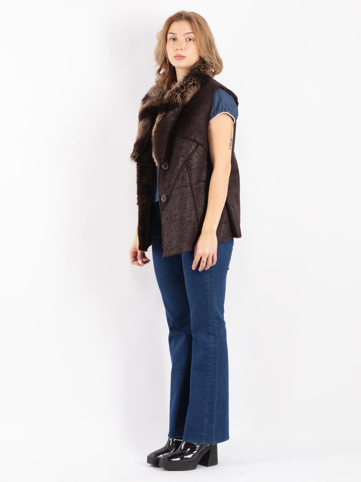 Vintage 90's Women Faux Sheepskin Vest in Brown