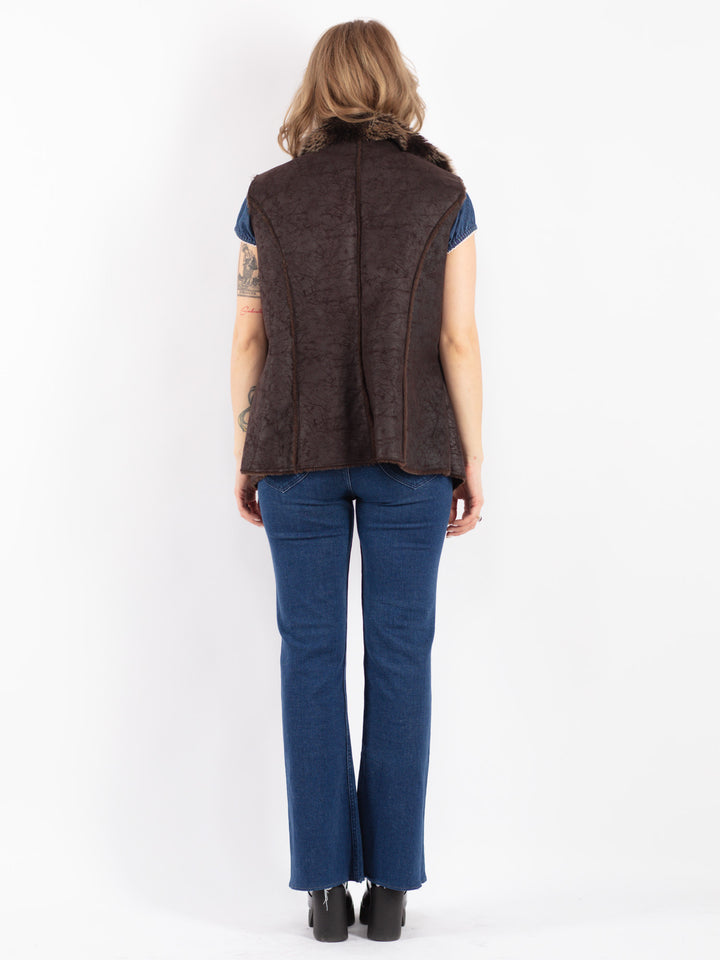 Vintage 90's Women Faux Sheepskin Vest in Brown