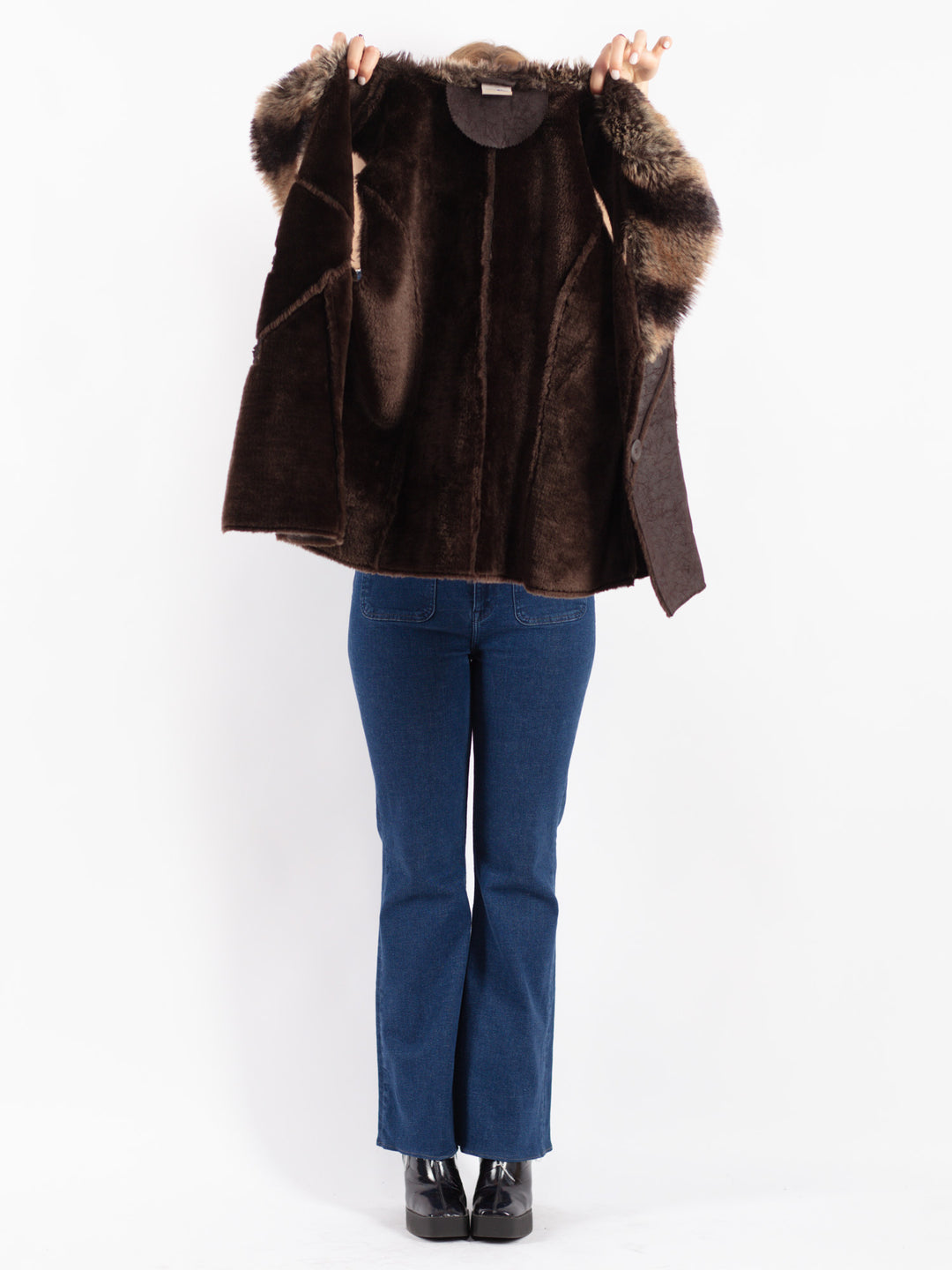 Vintage 90's Women Faux Sheepskin Vest in Brown