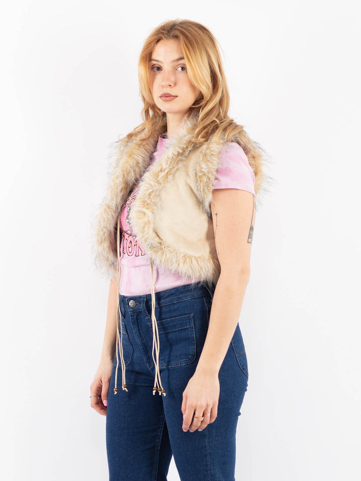 Vintage 90's Women Faux Sheepskin Vest in BeigeV9634