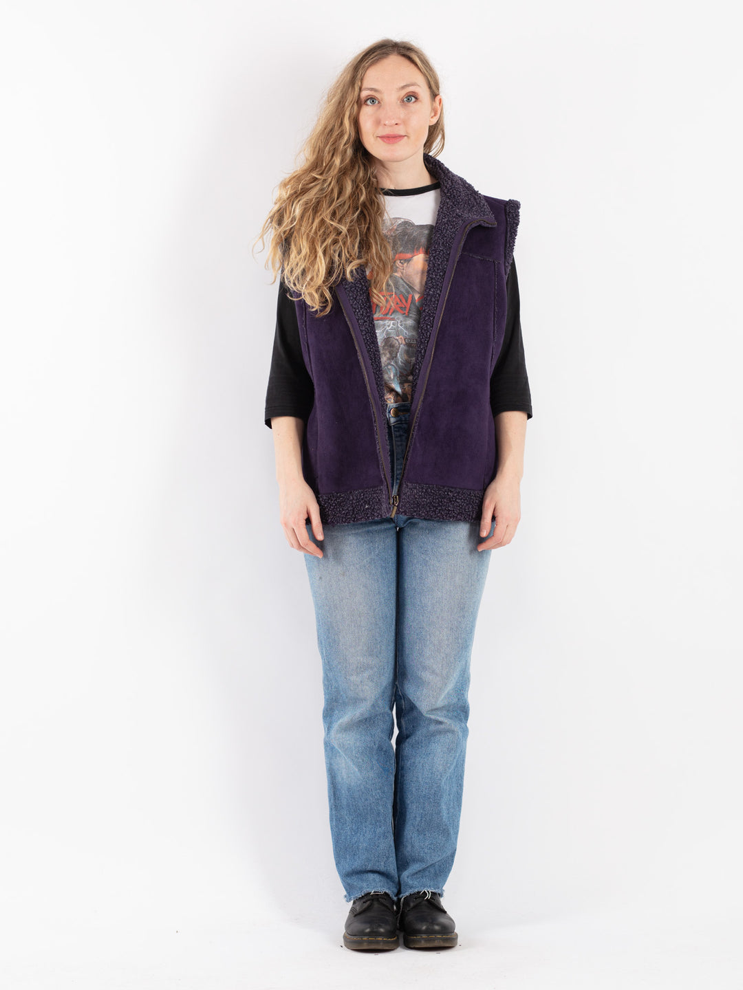 Vintage 90's Women Faux Sheepskin Vest in Purple