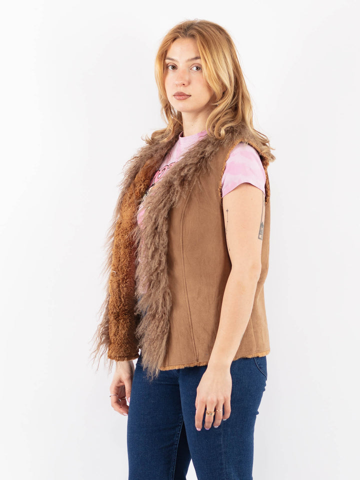 Vintage 90's Women Faux Sheepskin Vest in BrownV9637
