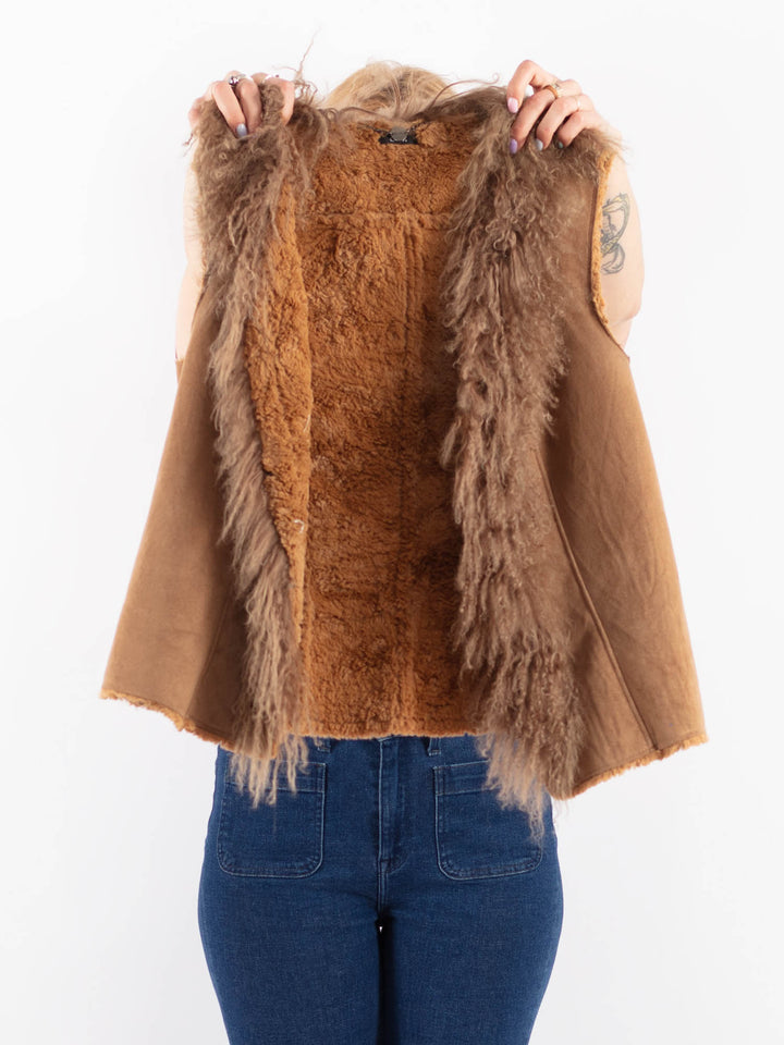 Vintage 90's Women Faux Sheepskin Vest in BrownV9637