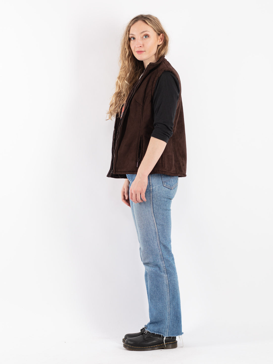 Vintage 90's Women Faux Sheepskin Vest in Brown