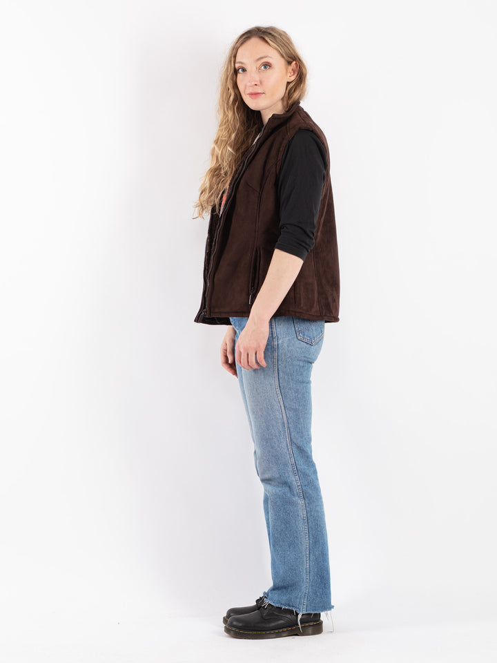 Vintage 90's Women Faux Sheepskin Vest in Brown