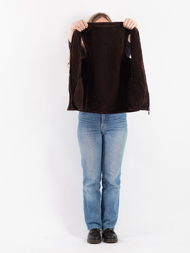 Vintage 90's Women Faux Sheepskin Vest in Brown