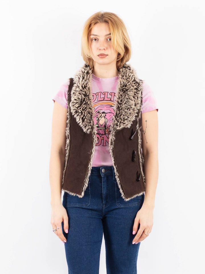 Vintage 00's Women Faux Sheepskin Vest in BrownV9639