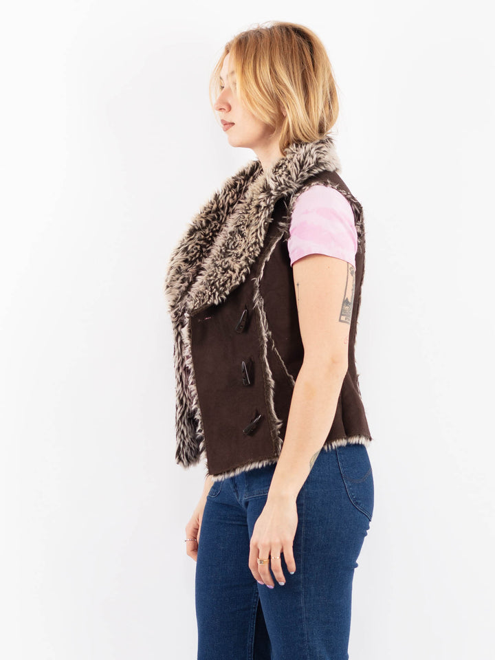 Vintage 00's Women Faux Sheepskin Vest in BrownV9639