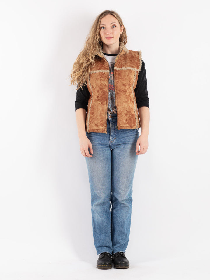 Vintage 90's Women Faux Sheepskin Vest in Brown
