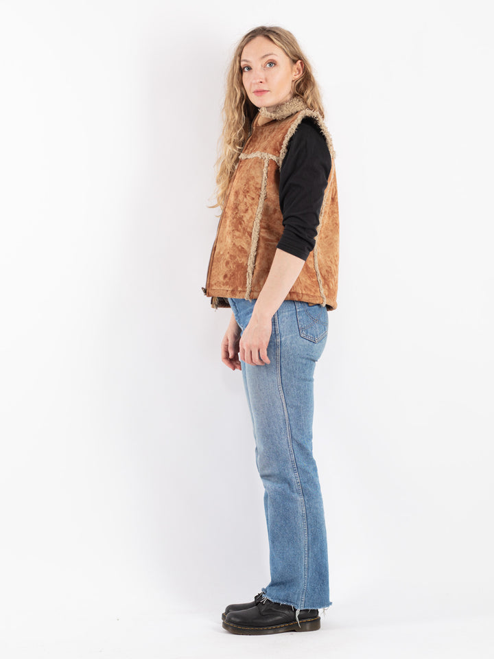 Vintage 90's Women Faux Sheepskin Vest in Brown