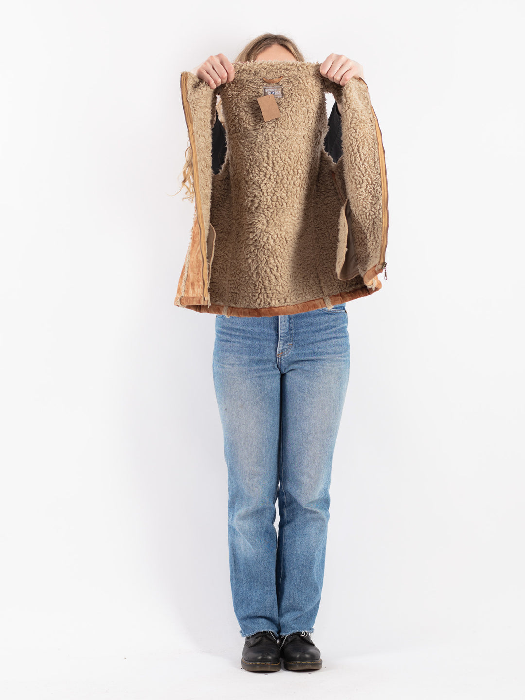 Vintage 90's Women Faux Sheepskin Vest in Brown