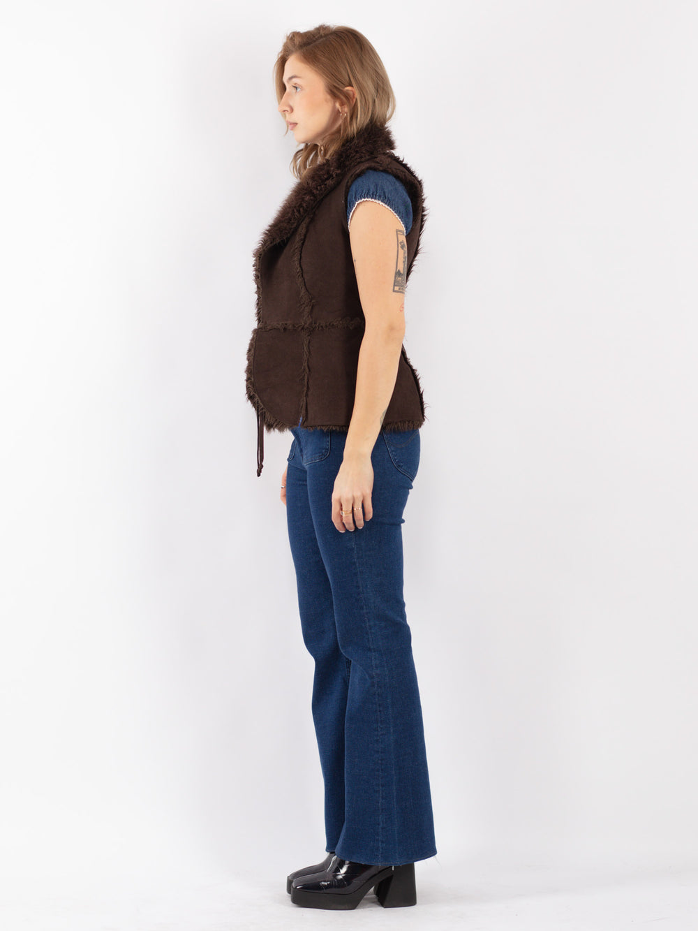 Vintage 90's Women Faux Sheepskin Vest in Brown
