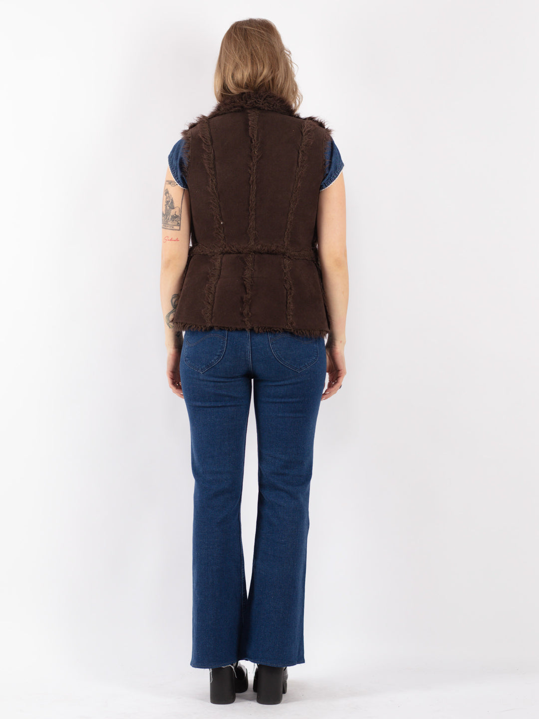 Vintage 90's Women Faux Sheepskin Vest in Brown