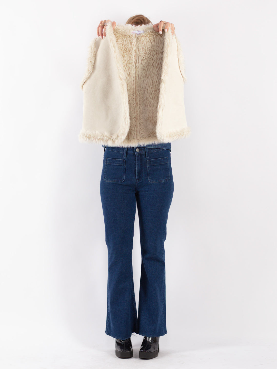 Vintage 90's Women Faux Sheepskin Vest in White
