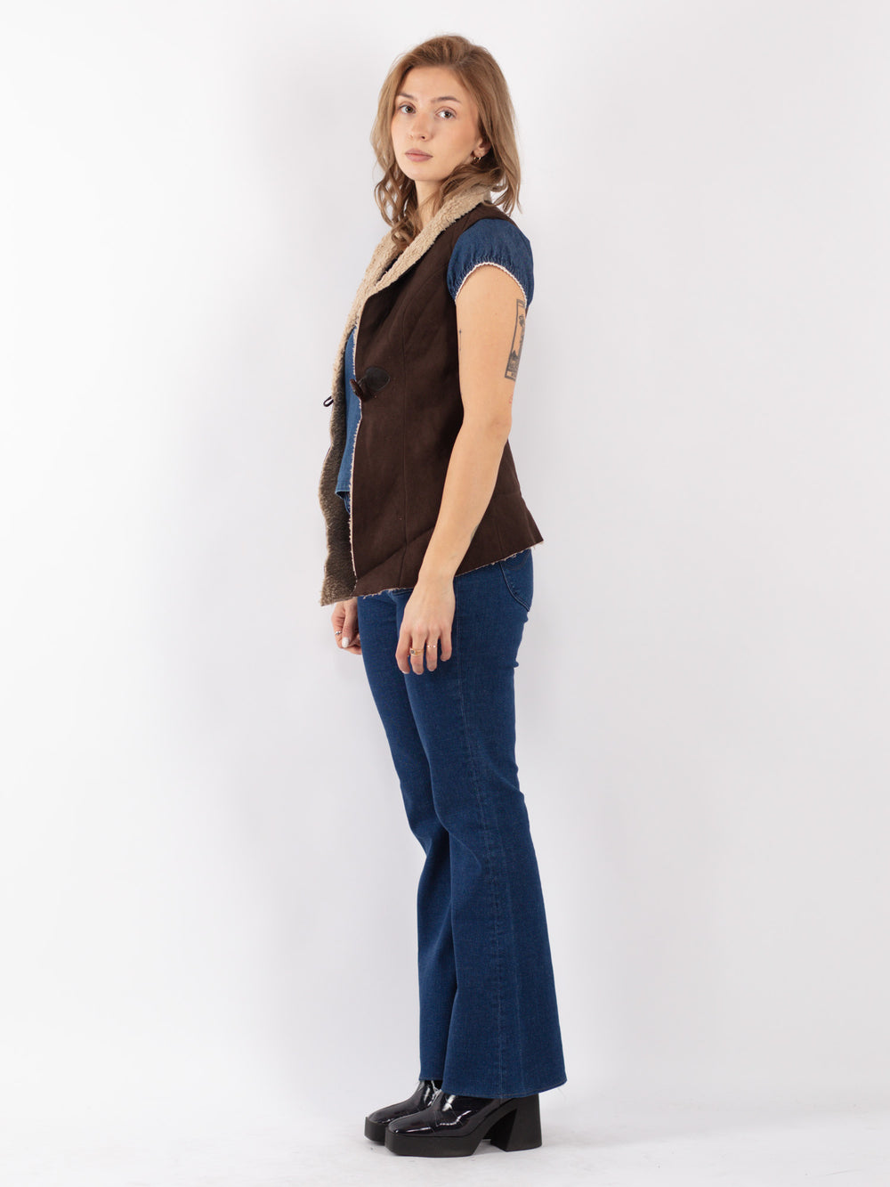 Vintage 90's Women Faux Sheepskin Vest in Brown