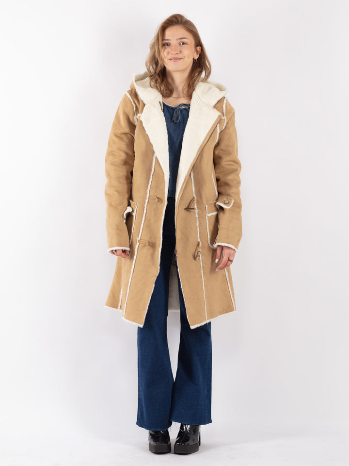 Vintage 90's Women Faux Sheepskin Coat in Beige