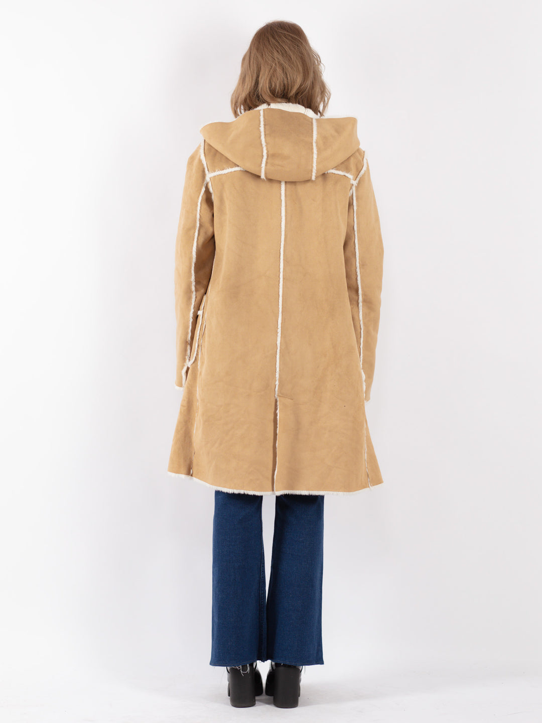 Vintage 90's Women Faux Sheepskin Coat in Beige