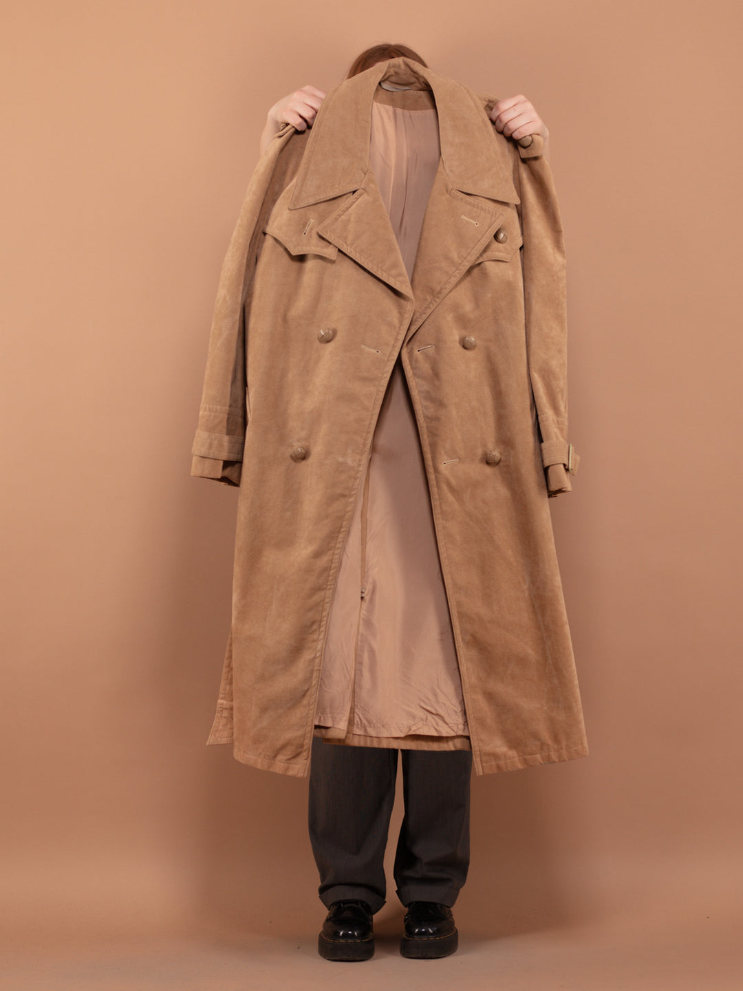 Faux Suede Trench Coat 90's, Size XL Beige Trench Coat, Double Breasted Coat, Urban Trench Coat, Commuter Trench Coat, Minimalist Outerwear