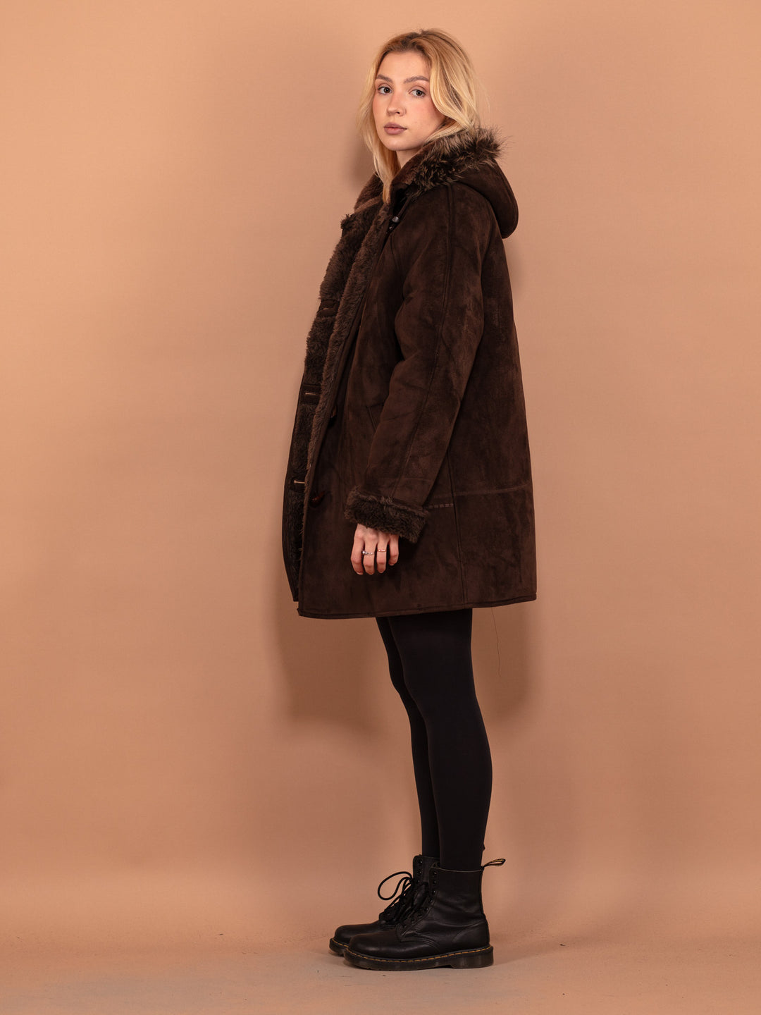 Faux Shearling Coat 90s, Size XL, Brown Faux Shearling Coat, Cozy Sherpa Afghan Coat,  Cruelty Free Coat, Sustainable Vintage Clothing