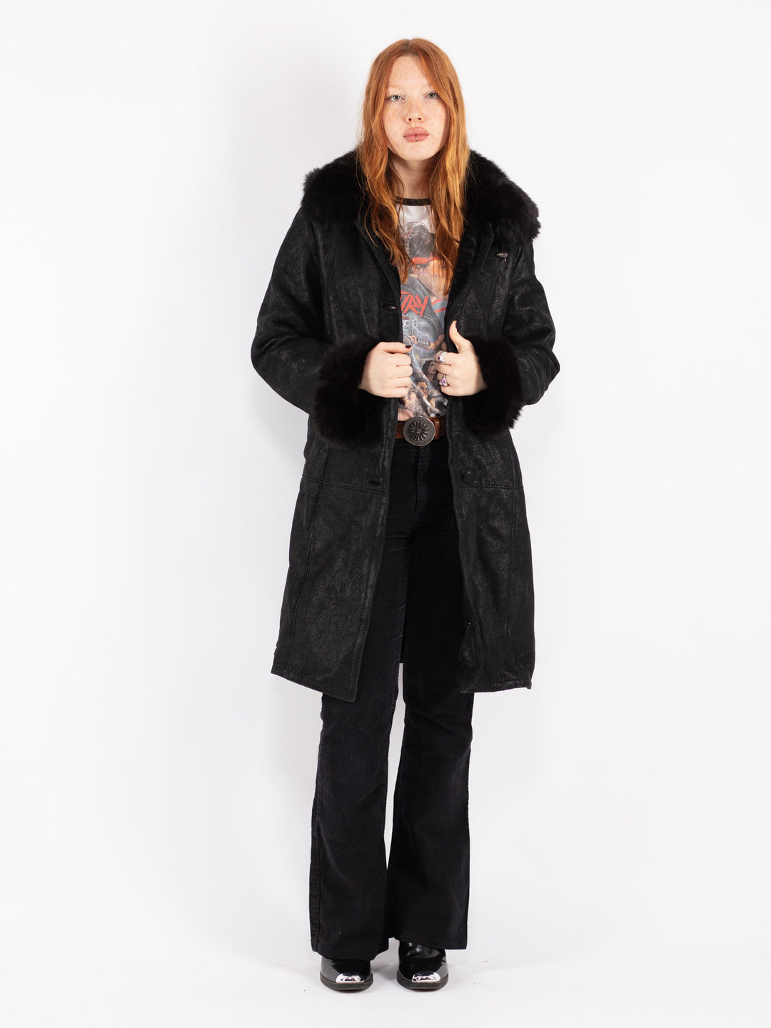 Vintage 90's Women Sheepskin Coat in Black