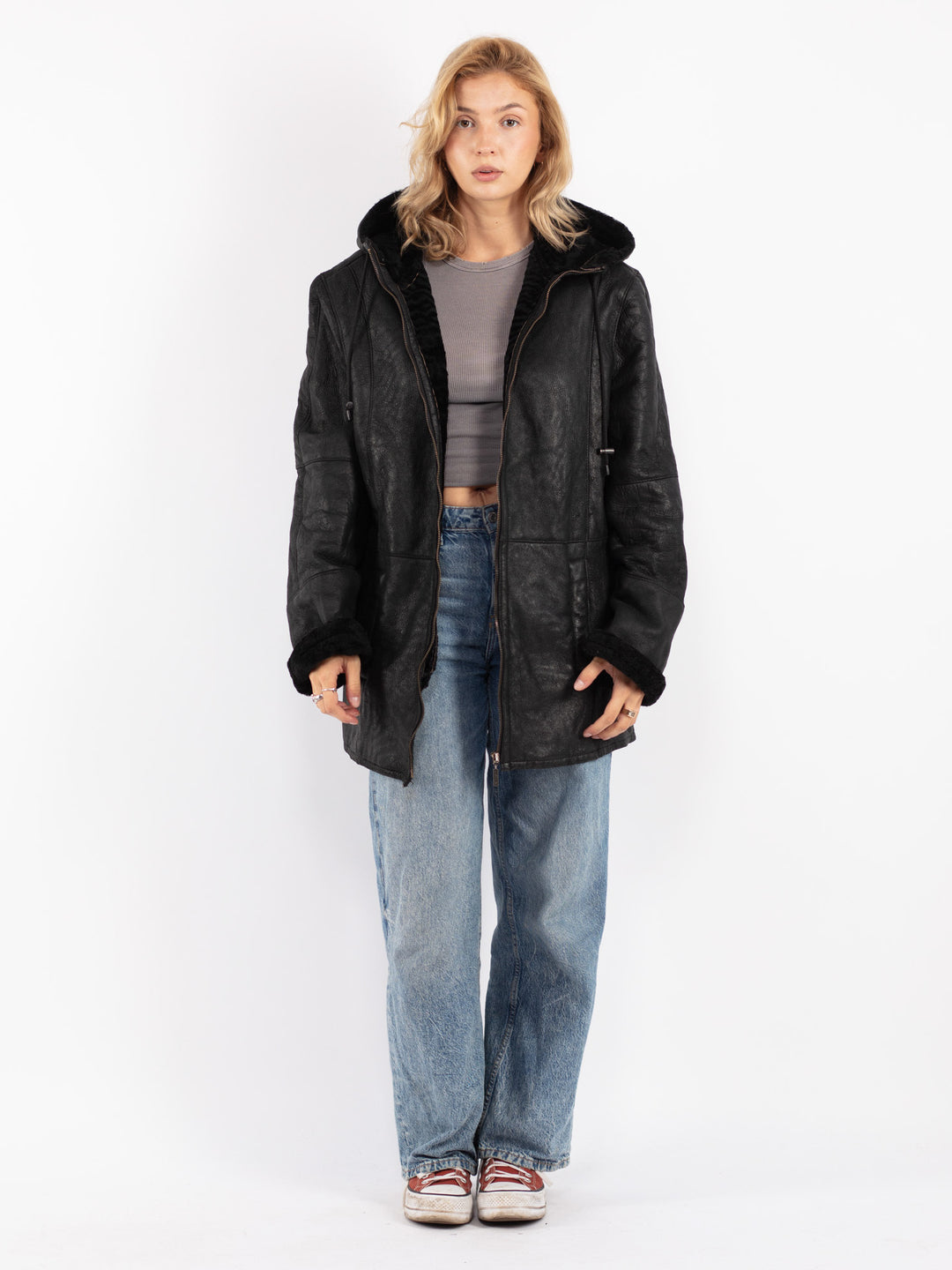 Vintage 90's Women Sheepskin Coat in Black