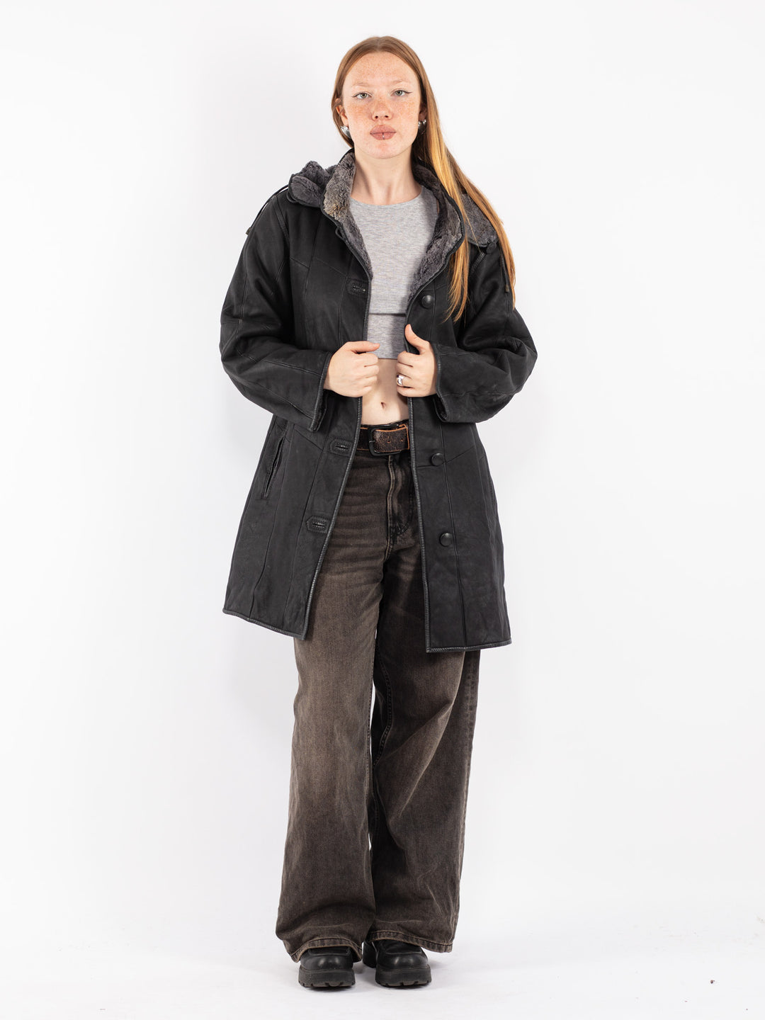 Vintage 90's Women Sheepskin Coat in Black