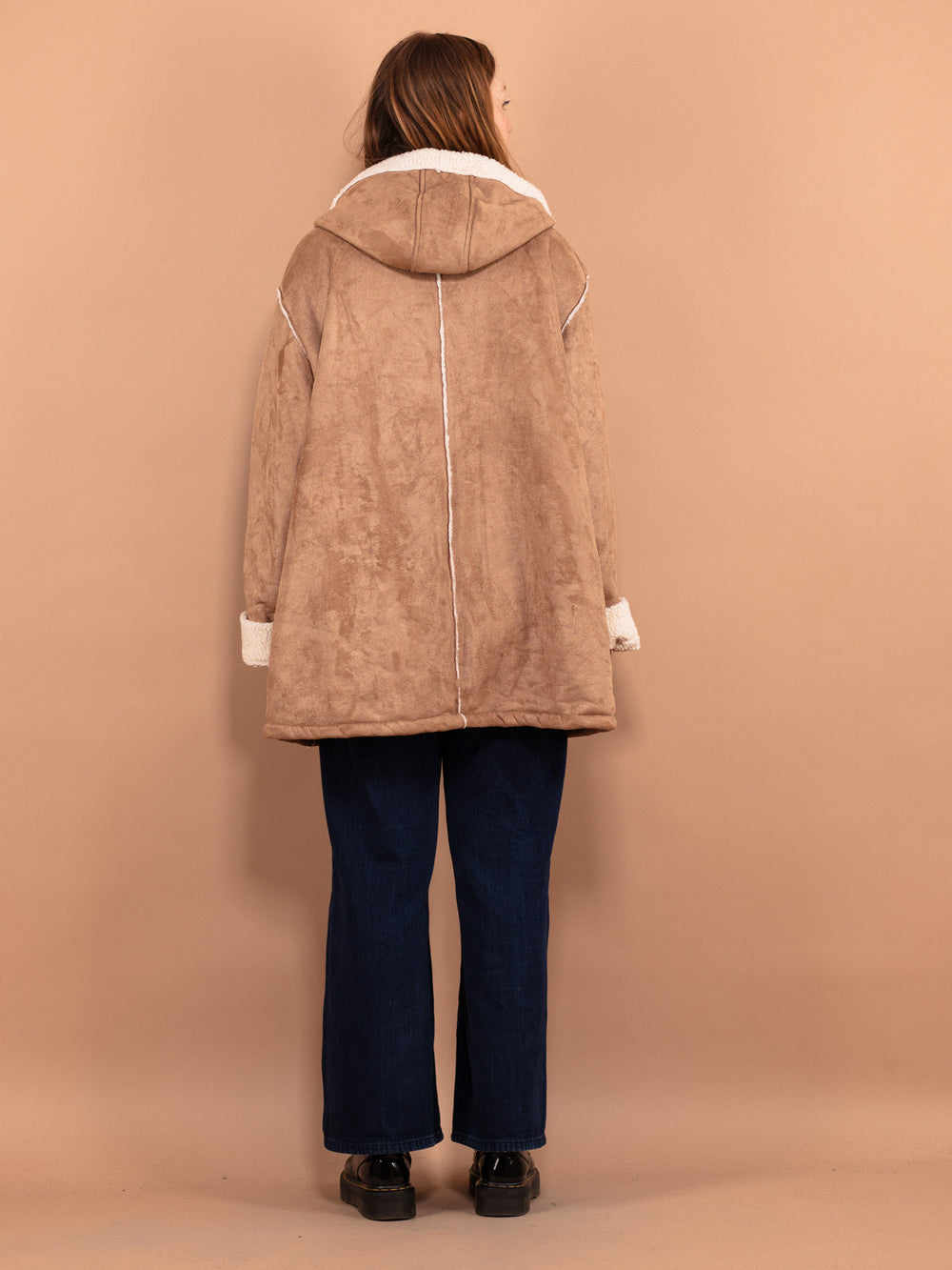 Vintage 90's Women Hooded Sherpa Coat in Beige - NorthernGrip