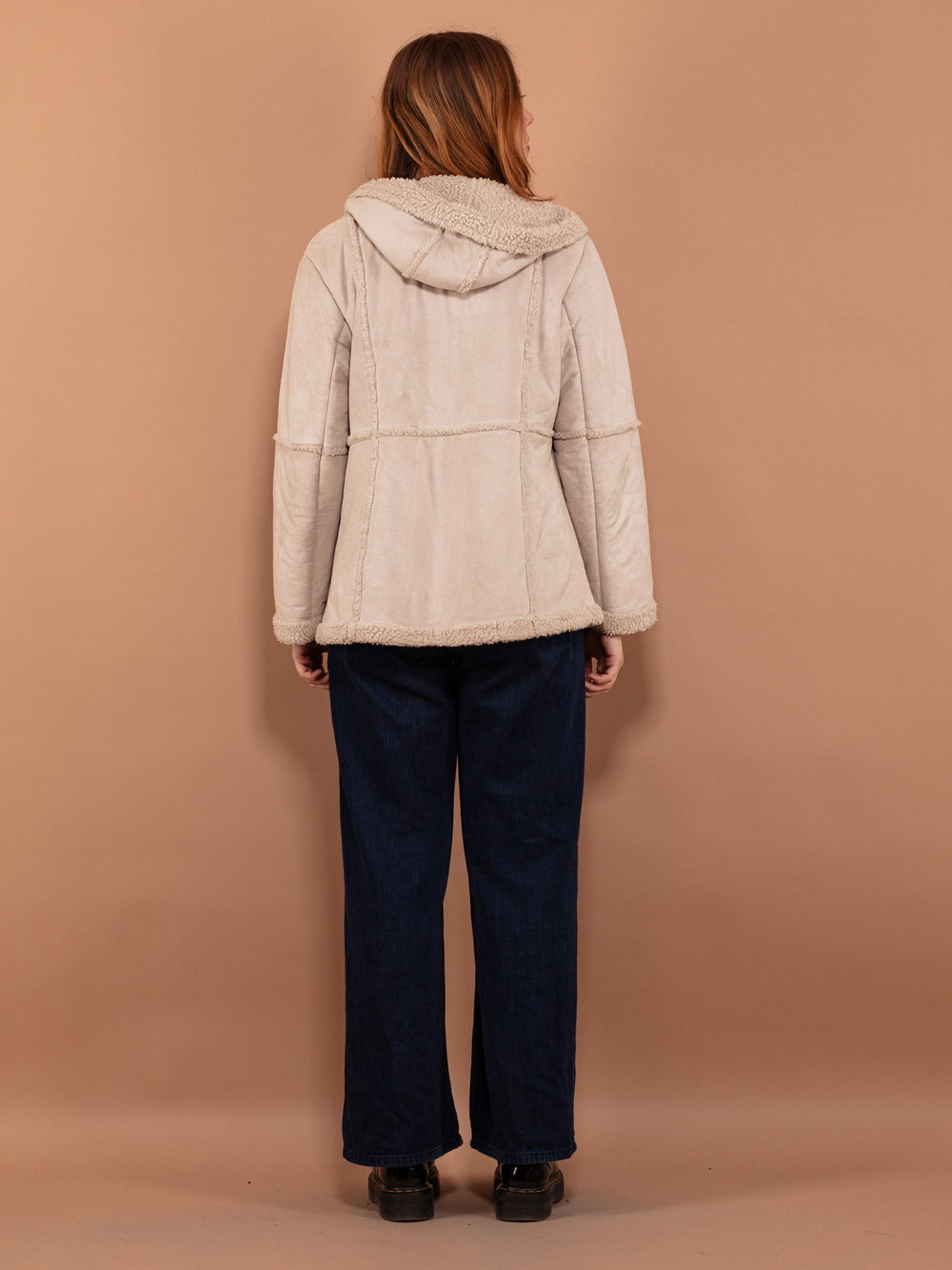 Vintage 90's Women Hooded Sherpa Jacket in Beige - NorthernGrip