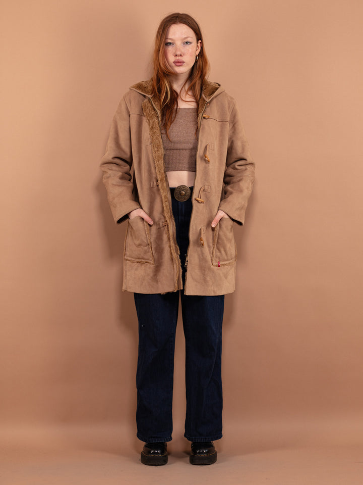Vintage 90's Women Hooded Sherpa Coat in Beige - NorthernGrip