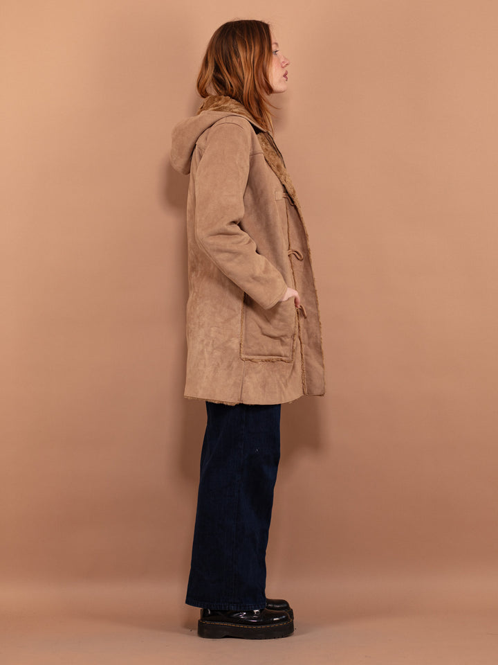 Vintage 90's Women Hooded Sherpa Coat in Beige - NorthernGrip
