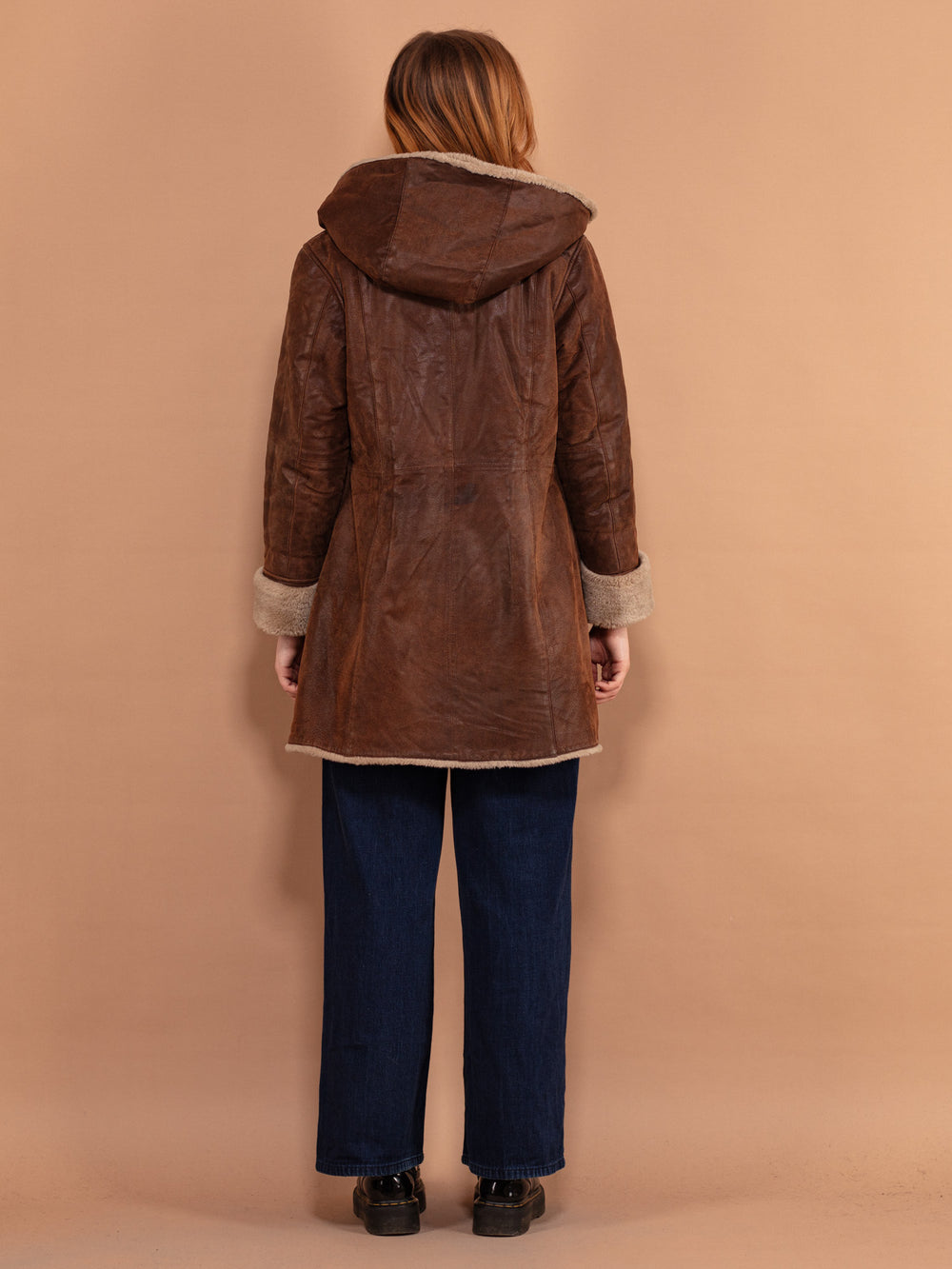 Vintage 90's Women Hooded Suede Sherpa Coat in Brown - NorthernGrip