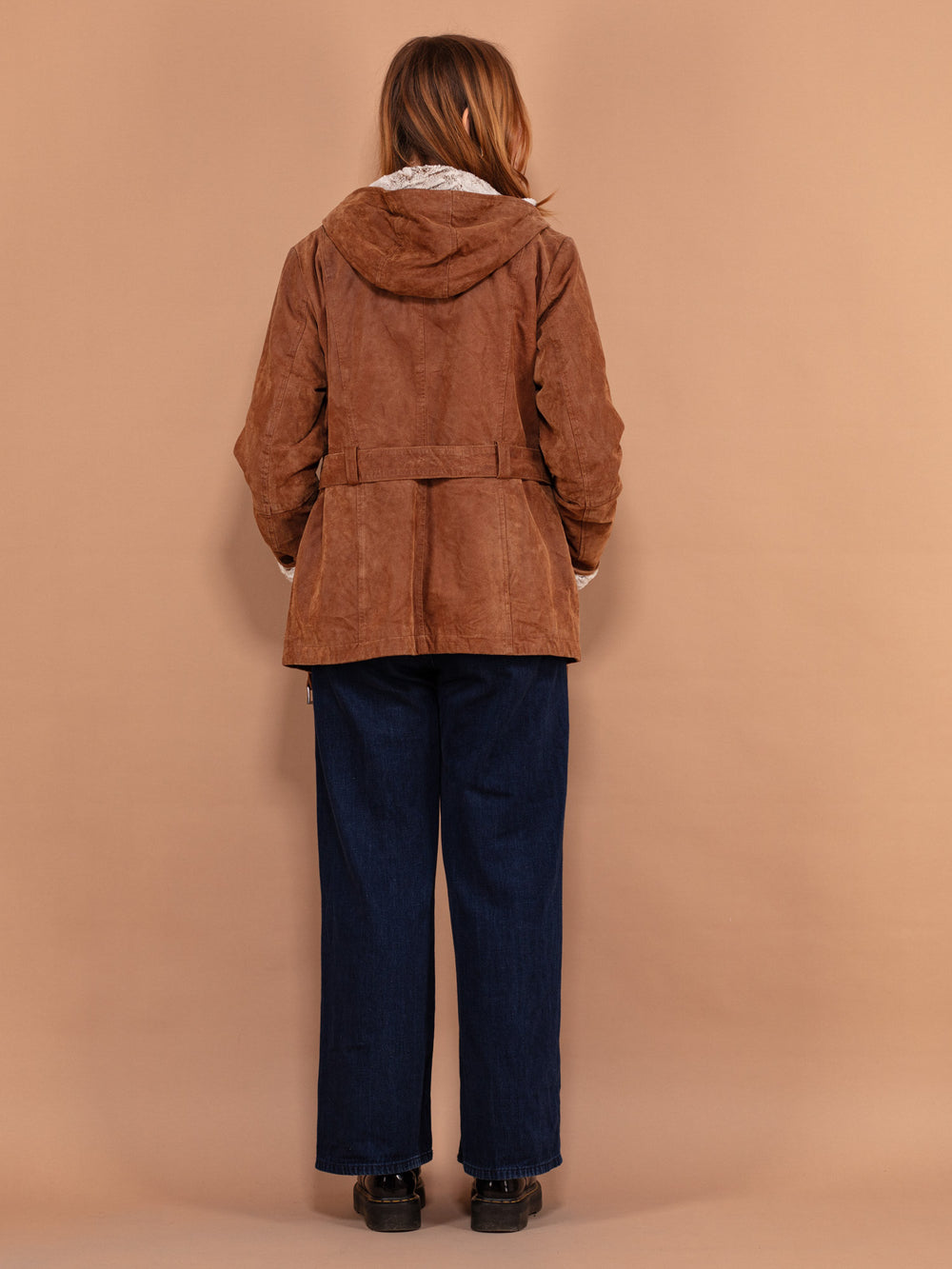 Vintage 90's Women Hooded Suede Sherpa Coat in Brown - NorthernGrip
